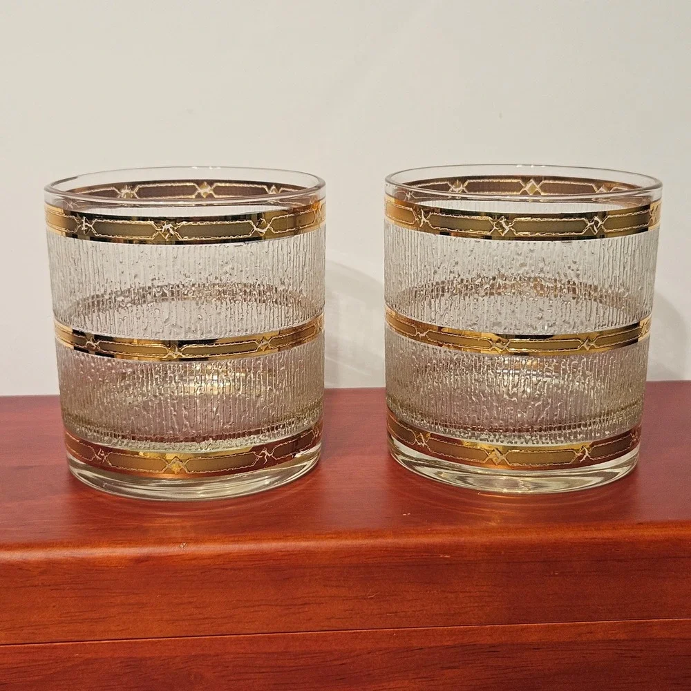Vintage MCM Gold Banded Bark Textured Whiskey Lowball Glasses Set‎ of 2 Rocks